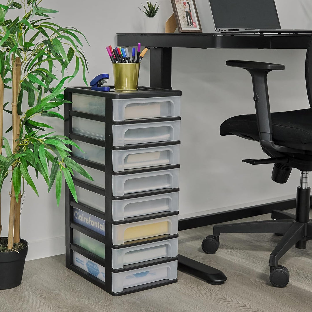 Iris Ohyama, Kunststoff Schubladenbox mit 8 flachen Schubladen, Schwarz, Easy-Pull-System, A4, A5 &