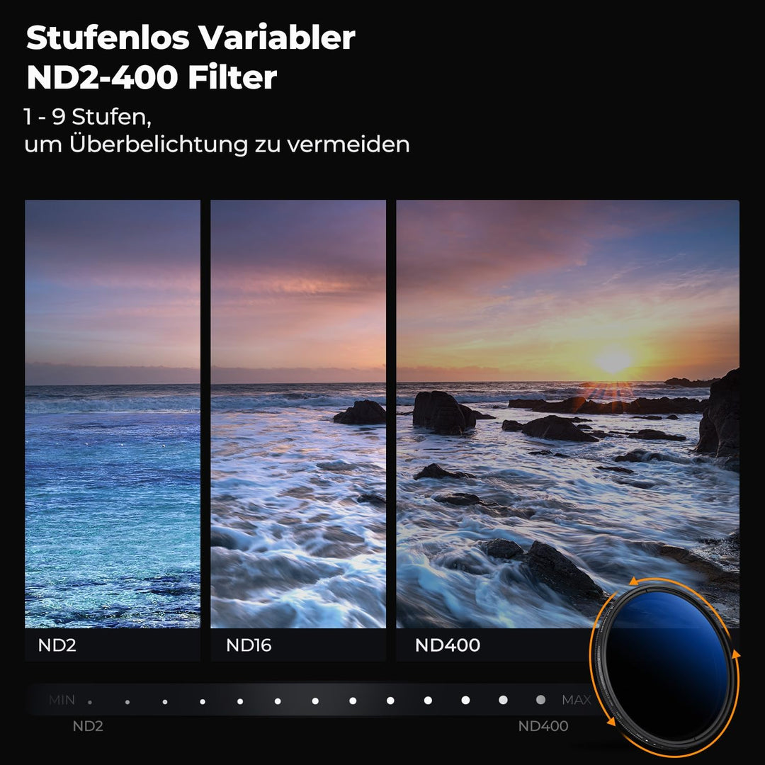 K&F Concept K-Serie 62mm ND Filter Variabler Graufilter ND2-400 (1-9 Blendenstufen) mit Objektivdeck