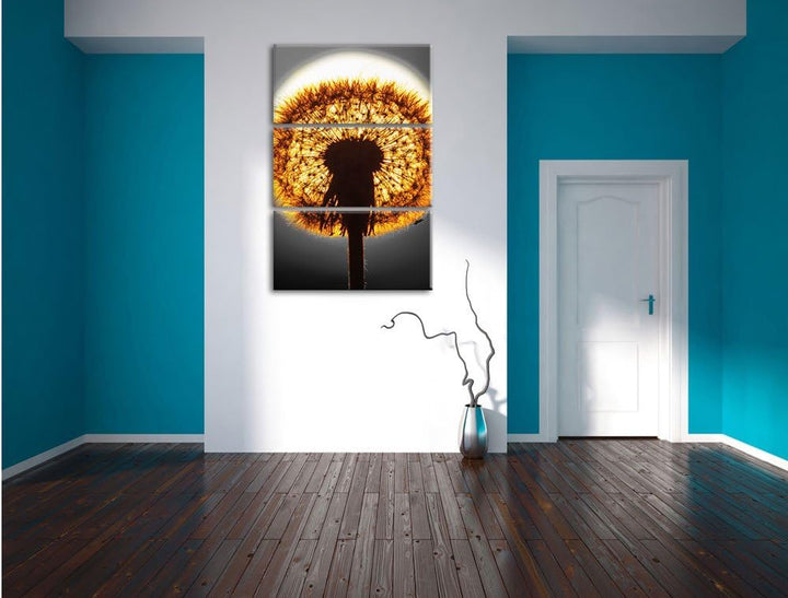 Pixxprint Pusteblume vor untergehender Sonne schwarz/weiss 3-Teiler Leinwandbild 120x80 Bild auf Lei