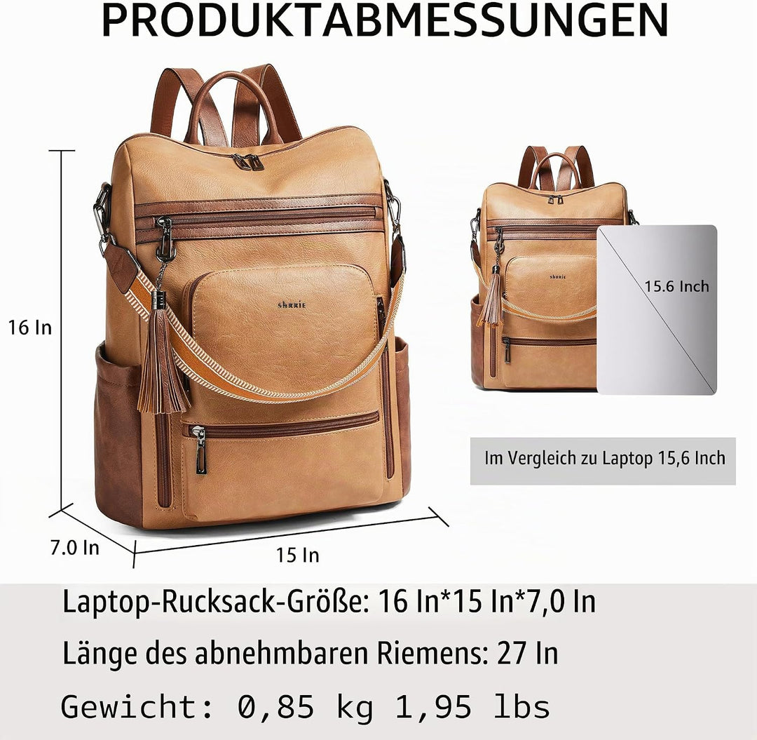 Shrrie rucksack damen elegant geeignet für 15,6Zoll-Notebooks Langlebig wasserdicht Damen aus Leder