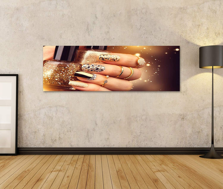 islandburner Prime Bild auf Leinwand Goldene Maniküre Mit Edelsteinen Und Glitzern Flasche Nagellack