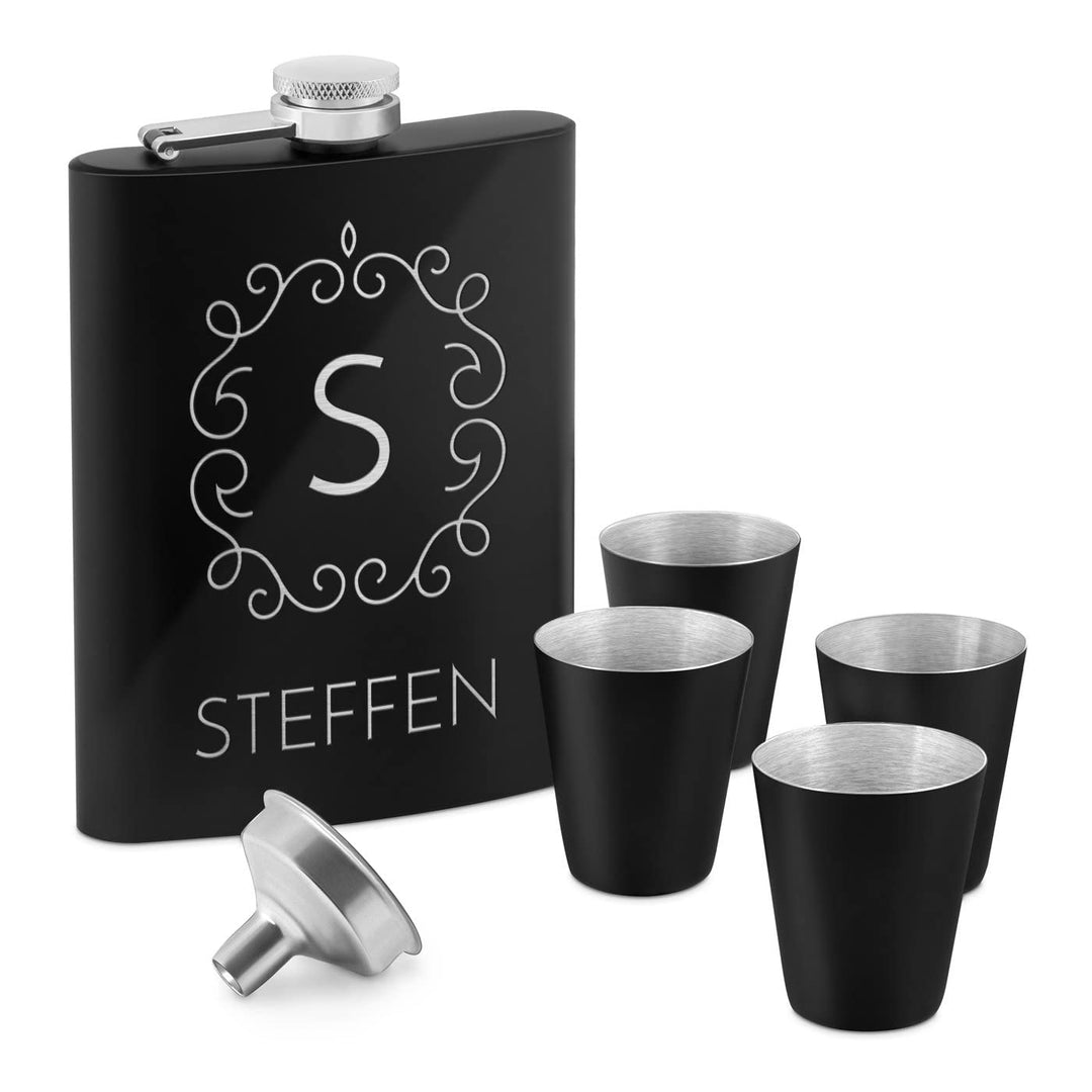 Maverton Flachmann 200 ml mit Gravur - Geschenkset mit 4 Schnapsgläsern 20 ml und Trichter - persona