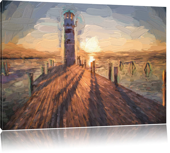 Pixxprint Leuchtturm am Steg als Leinwandbild/Grösse: 100x70 cm/Wandbild/Kunstdruck/fertig bespannt,