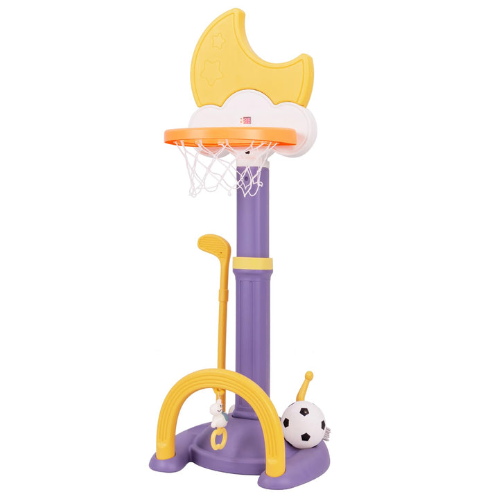 HOMASIS 4 in 1 Kinder Basketballkorb Set, multifunktional Basketballständer mit Fussballtor & Golf &