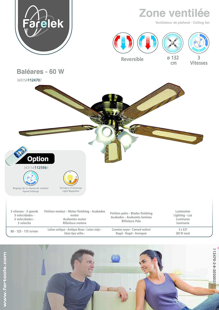 Farelek Baleares Deckenventilator, 132 cm, Weiss