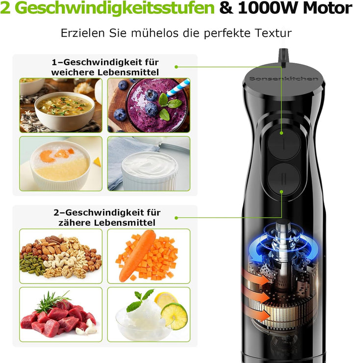 Bonsenkitchen Pürierstab, Stabmixer Elektrischer, 1000W Pürierstab Edelstahl, 2 Geschwindigkeiten, 4