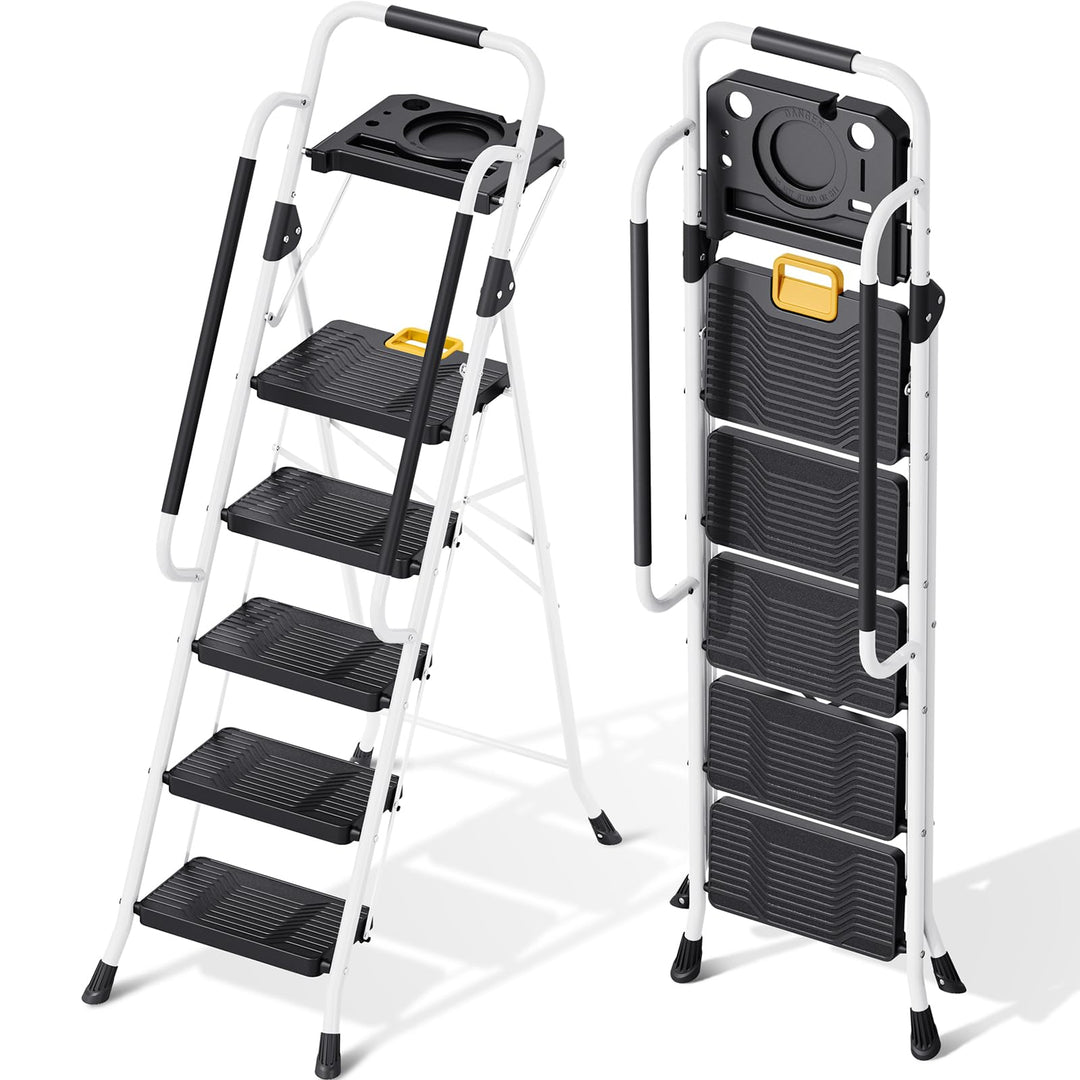 KINGRACK Trittleiter 5 Stufen klappbar, Leiter 5 Stufen 360 kg Tragfähigkeit, mit Werkzeugtray, Hand