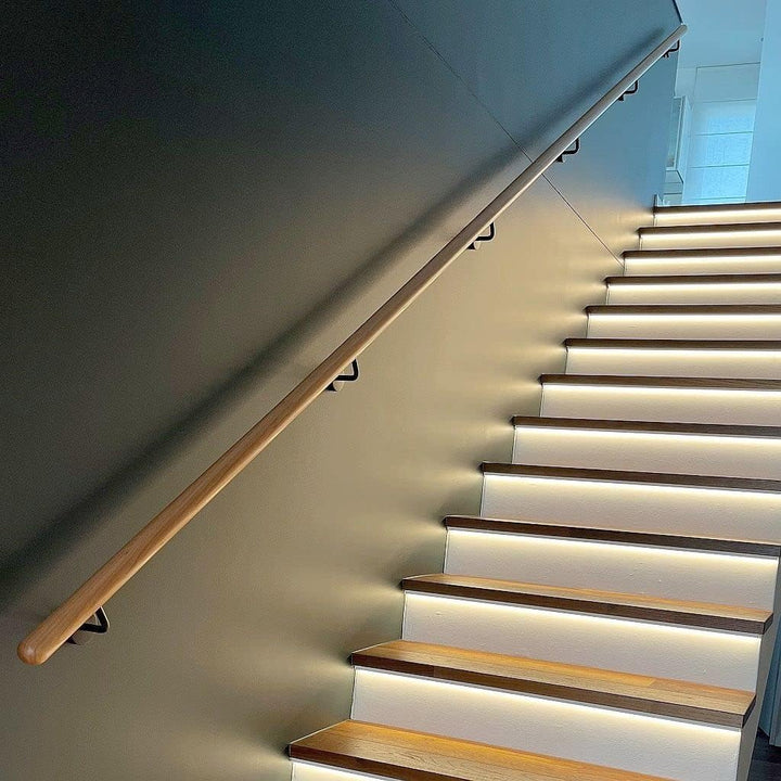 TIBU Buche Geländer Handlauf Treppe Holz Griff gew. Edelstahlhalter, Länge 30 - 500 cm aus einem Stü