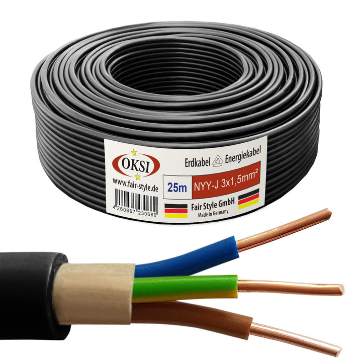 OKSI 25m NYY-J 3x1,5 mm² Erdkabel Elektrokabel Beton und Freien Kupfer Made in Germany, 25m NYY-J 3x