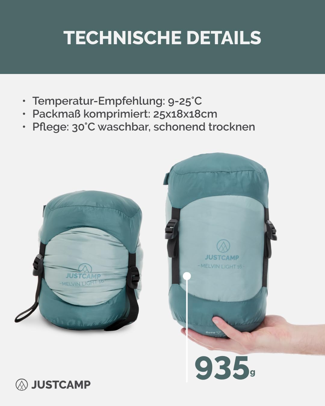 Justcamp Melvin Light Schlafsack - Erwachsene/Kinder (bis 200cm) - 3 Jahreszeiten (9-25 °C) - Sommer
