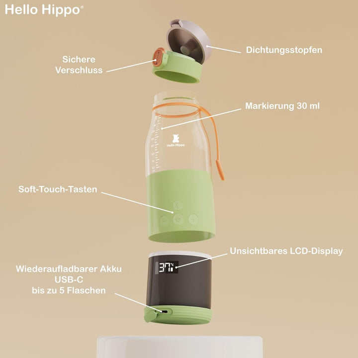 HELLO HIPPO® Premium Flaschenwärmer Nomade, tragbar, USB, 300 ml - kabellos auf Batterie - ideal Rei