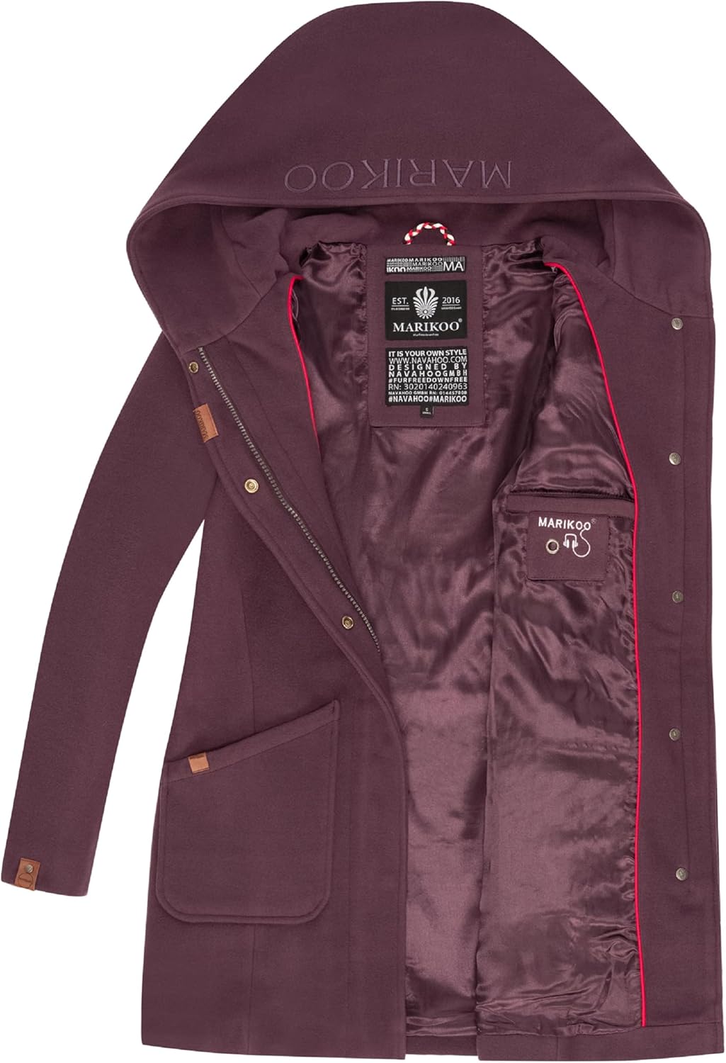 MARIKOO Damen Mantel in Wolloptik Warmer Trenchcoat mit Kapuze Maikoo XS-5XL, L Dusty Plum