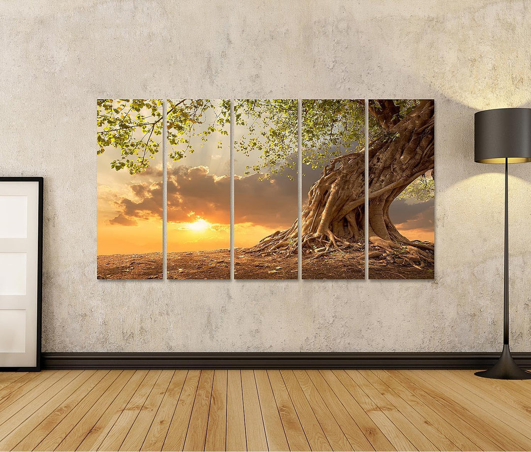 islandburner Leinwandbild Atemberaubender alter Baum vor einem malerischen Sonnenuntergang - Leinwan