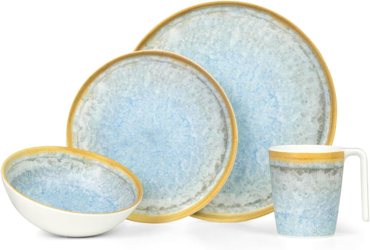 Melamin Camping Geschirr Set 4 Personen Crystal Blue + 4 Milano Gläser Wassergläser Tafelgeschirr Pi