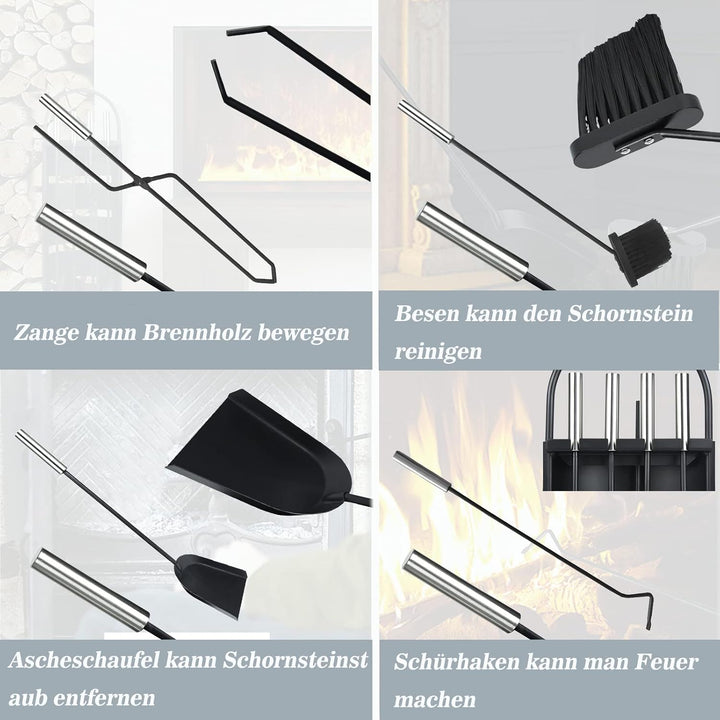 ACXIN 5tlg Kaminbesteck Edelstahl Kamingarnitur Gute Hitzebeständigkeit, Praktisch und schön Einschl