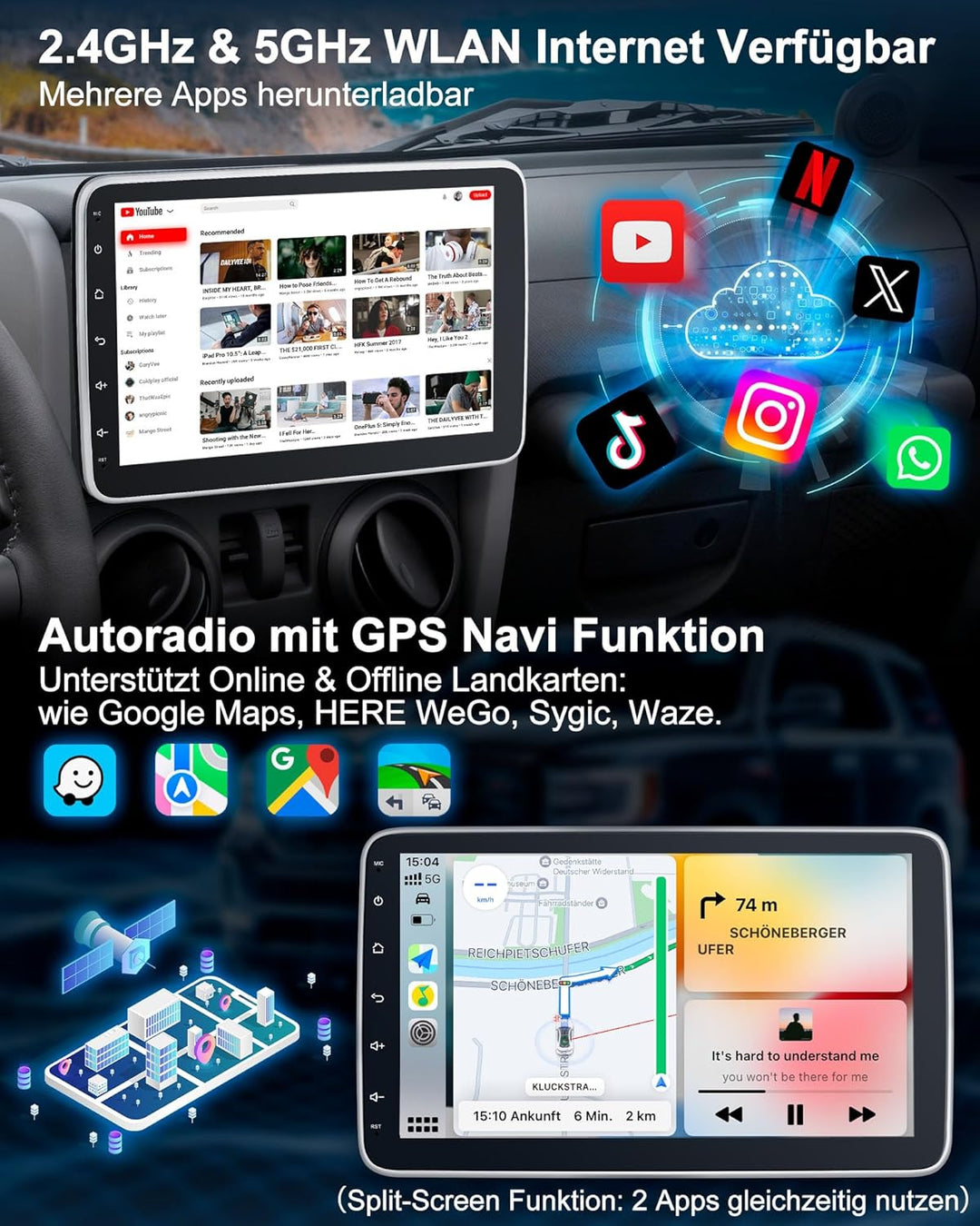 Autoradio mit Bildschirm Single DIN Auto Radio mit Navi Bluetooth Wireless CarPlay Android Auto DAB