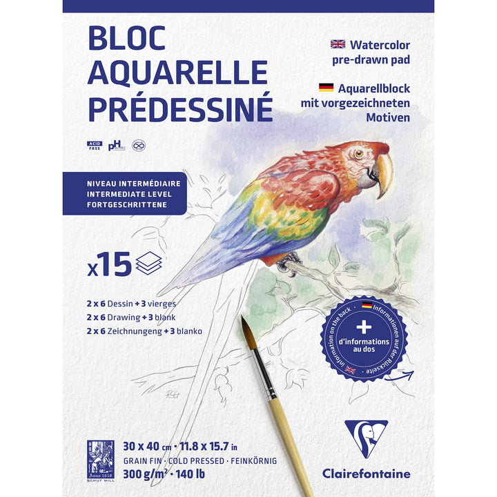 Clairefontaine 975725C - Aquarellblock mit vorgezeichneten Motiven mit 15 Blatt (2 x 6 designs) 30x4