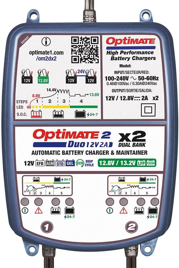 Optimate OptiMate 2 DUO x 2 BANK, TM570, BRONZE-Serie: 5-stufiges 2x 12V/12,8V 2A Batterielade- &amp; -w