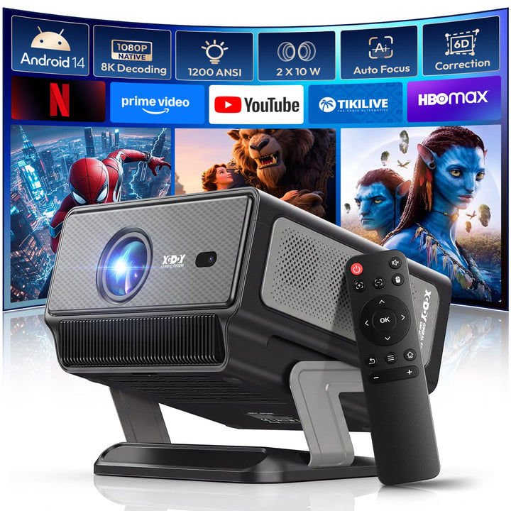 Xgody A8 Beamer 4K Heimkino Native FHD 1080P, 1200 ANSI Autofokus, 6D Auto-Trapezkorrektur, 20W HiFi