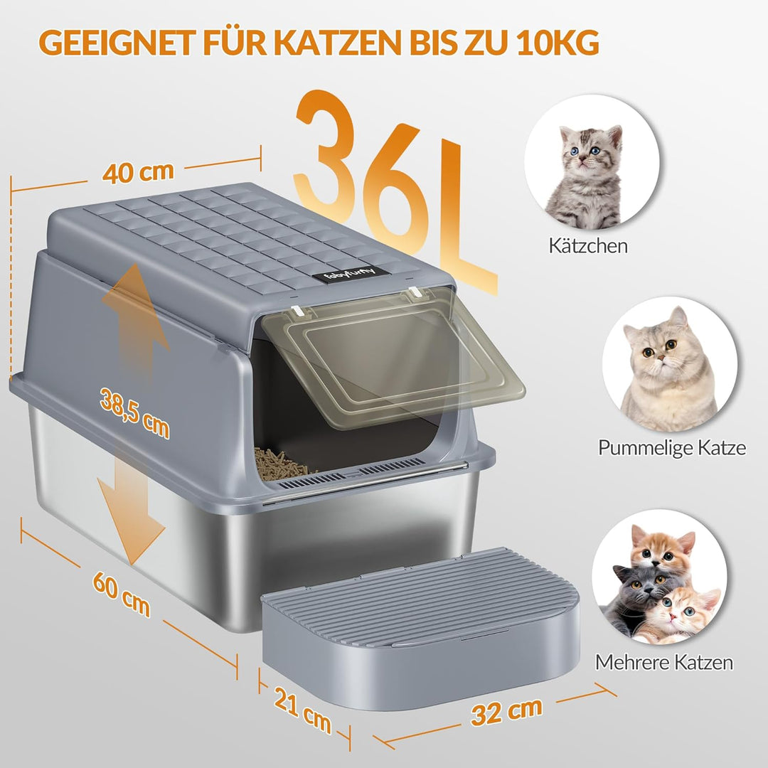 Edelstahl-Katzenklo mit Deckel, XXL Geschlossene Metall-Katzenklo, Katzentoiletten mit Schaufel und