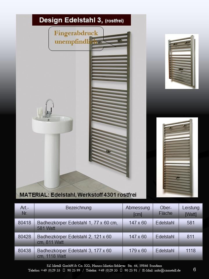 Badheizkörper Design Edelstahl 2, HxB: 121 x 60 cm, 811 W MADE IN GERMANY Szagato Handtuchheizung Ha