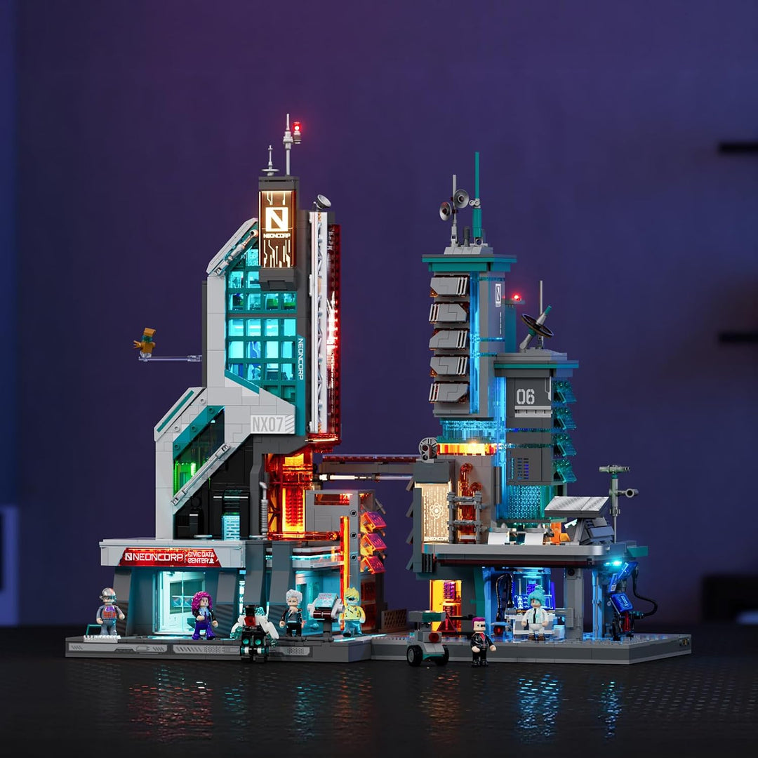 Lumibricks Neon Tech Tower Beleuchtetes Klemmbaustein-Set, 2227 Teile Cyberpunk-Wolkenkratzer mit 27