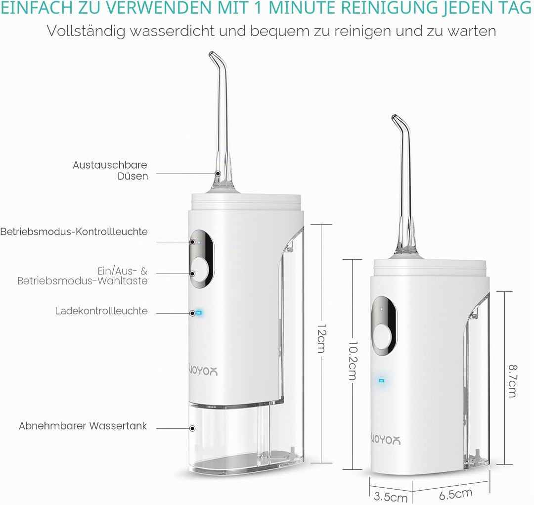 VOYOR Mini-Munddusche Kabellos Tragbar Wasserflosser Wiederaufladbar und IPX7 wasserdicht Plaque-Ent