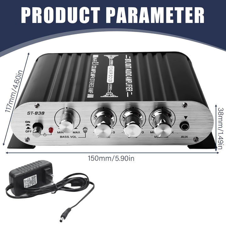 Leikurvo HiFi-Verstärker, 2.1CH Stereo Verstärker, RMS 20Wx2+40W ST-838 Mini Hifi Verstärker Subwoof