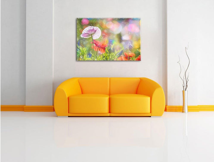 Pixxprint Kalifornischer Mohn im Frühling Kunst Buntstift Effekt, Format: 100x70 auf Leinwand, 100x7