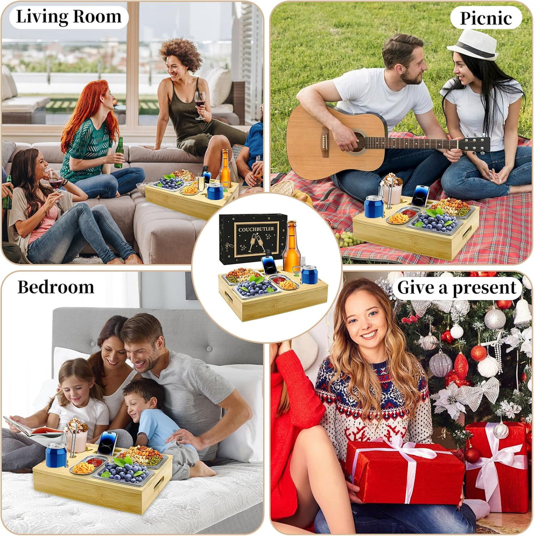 Couchbar Snackbox mit Geschenkbox, Holz Couch Bar, Couch Tablett Mit Snackschalen Aus Edelstahl, Get