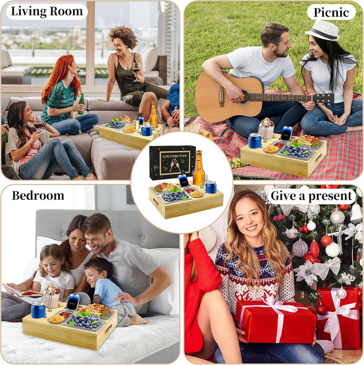 Couchbar Snackbox mit Geschenkbox, Holz Couch Bar, Couch Tablett Mit Snackschalen Aus Edelstahl, Get