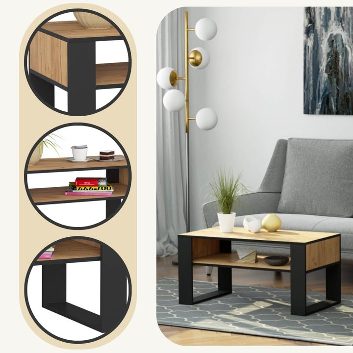 AKORD Couchtisch Holz DOMI mit einem Regal | 92x45x53cm | Für Wohnzimmer | Schlafzimmer Schrank | Mi