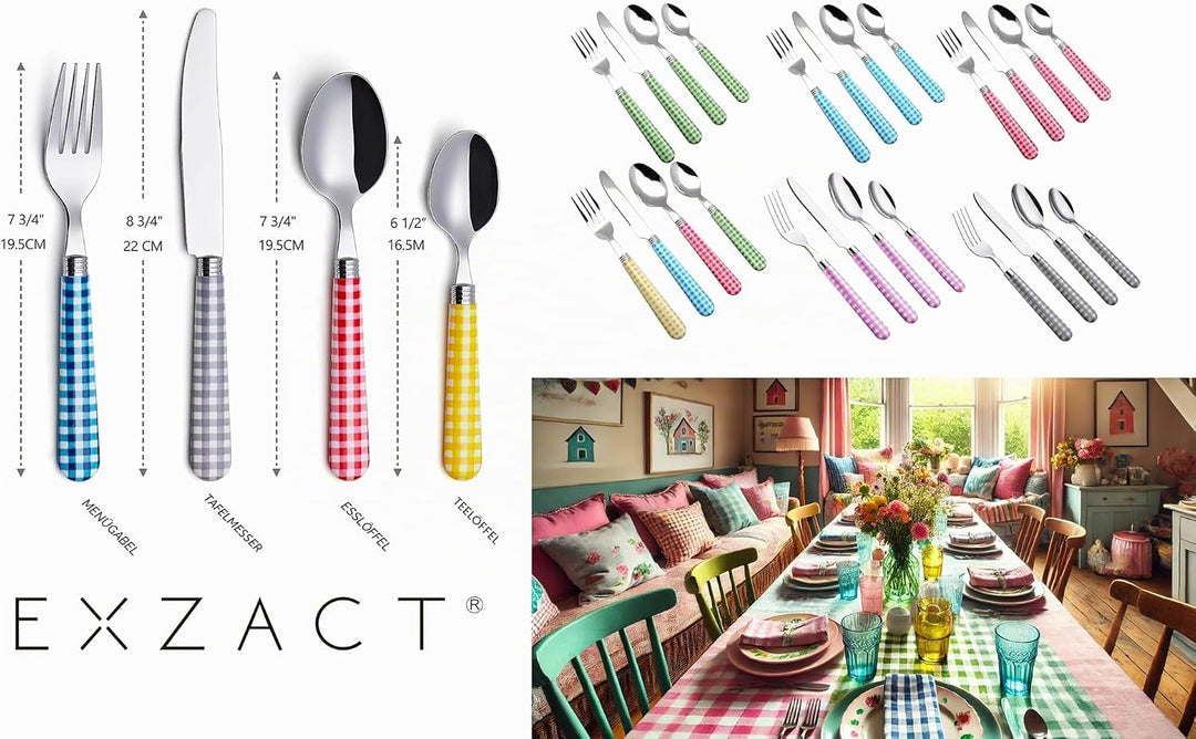 EXZACT Edelstahl-Besteck Set 24 Stück - Gingham Farbige Griffe - 6 x Tafelgabeln, 6 x Tafelmesser, 6