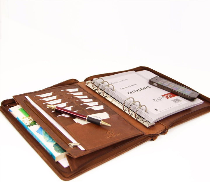 ALMADIH - Leder A5 Organizer mit Ringmechanik Reissverschluss, Kalender 2024 Schreibblock Premium Ri