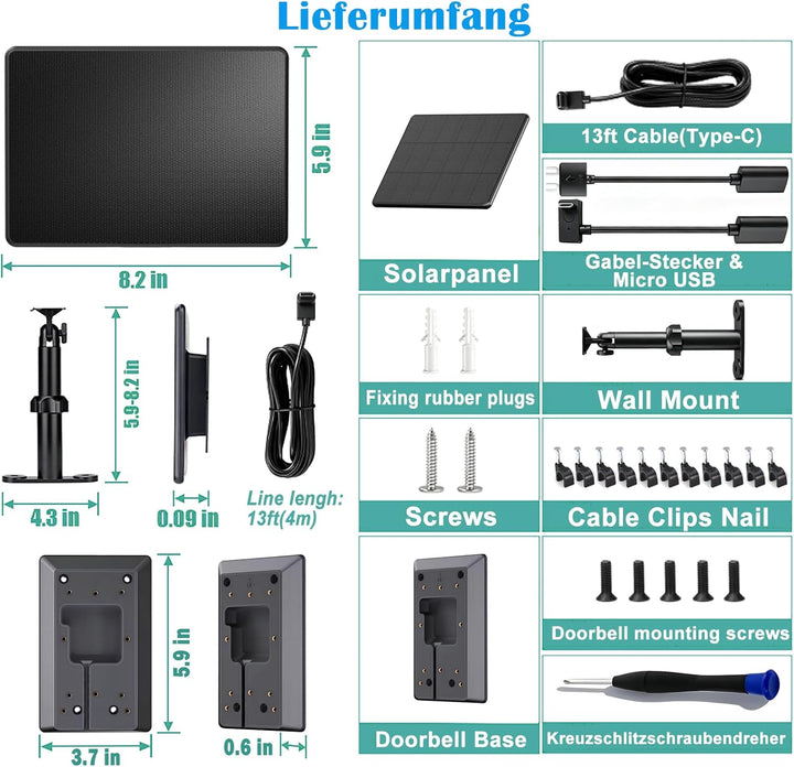 6W Solarladegerät für batteriebetriebene Ring-Türklingeln, 4m Ladekabel, Micro-USB & Type C & Gabel-