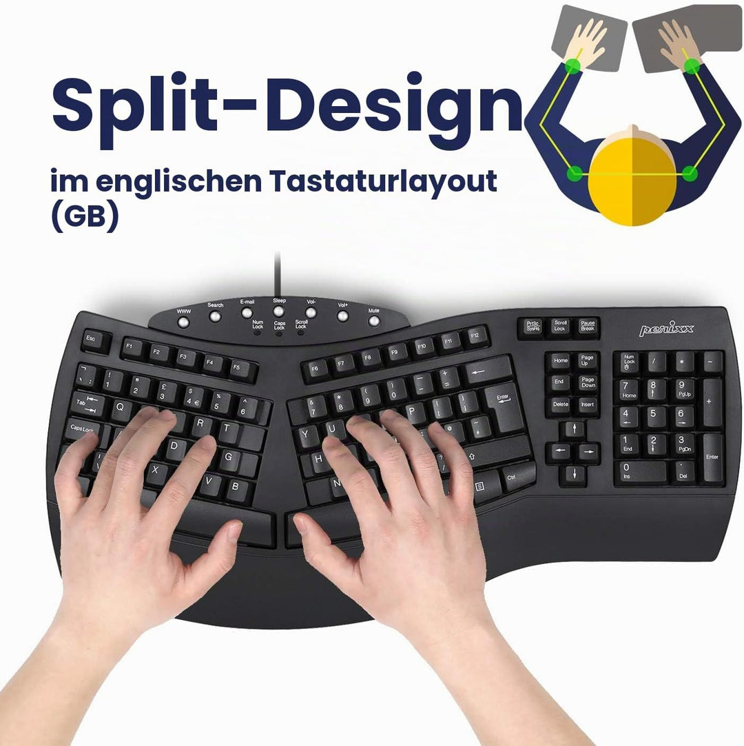 Perixx Periboard-512 Ergonomische Geteilte Tastatur, Natürliches ergonomsiches Design, 485 x 236 x 4