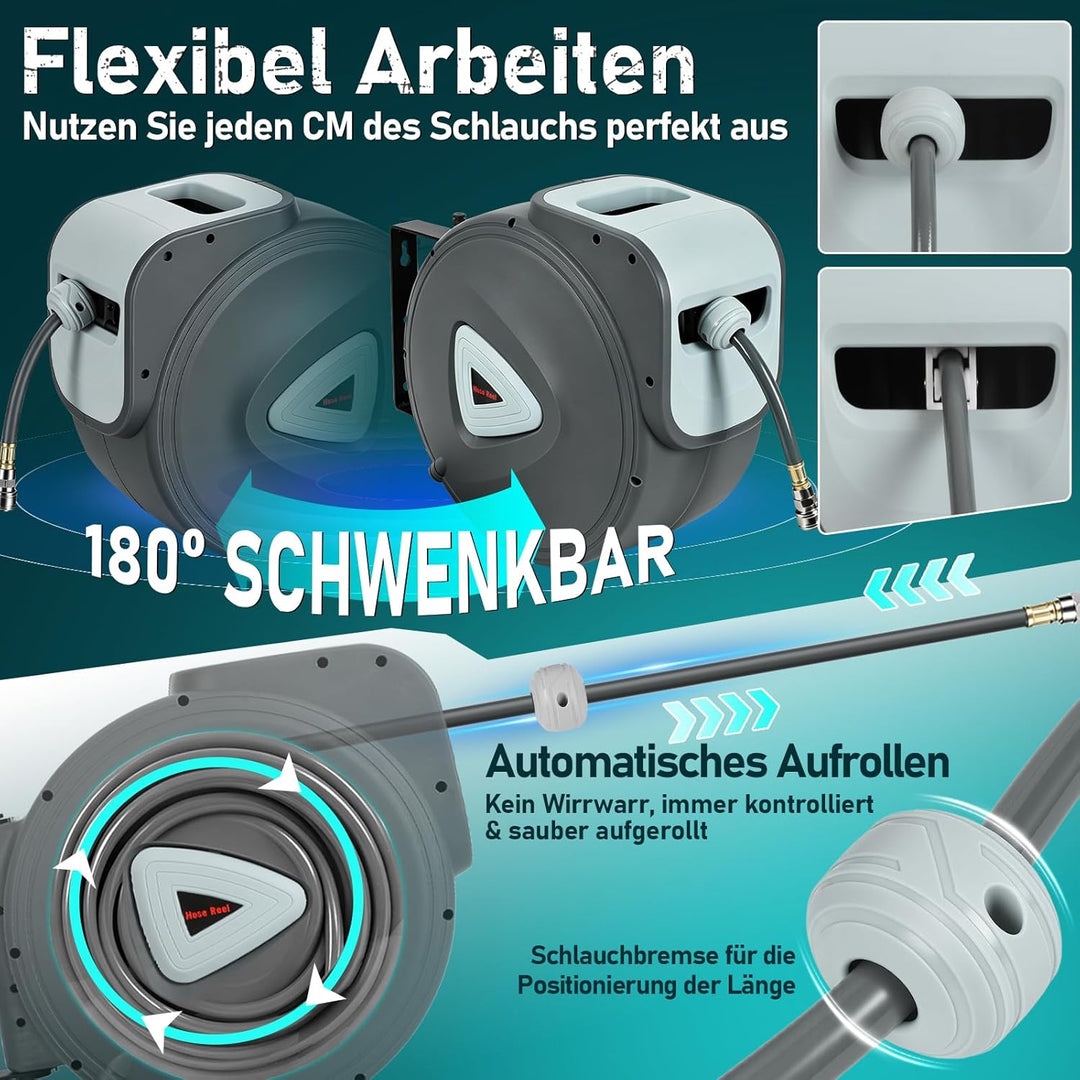 Ollewiellan Druckluftschlauchtrommel 30m, Schlauchaufroller Druckluft mit 1/4 Zoll Schnellkupplung,m