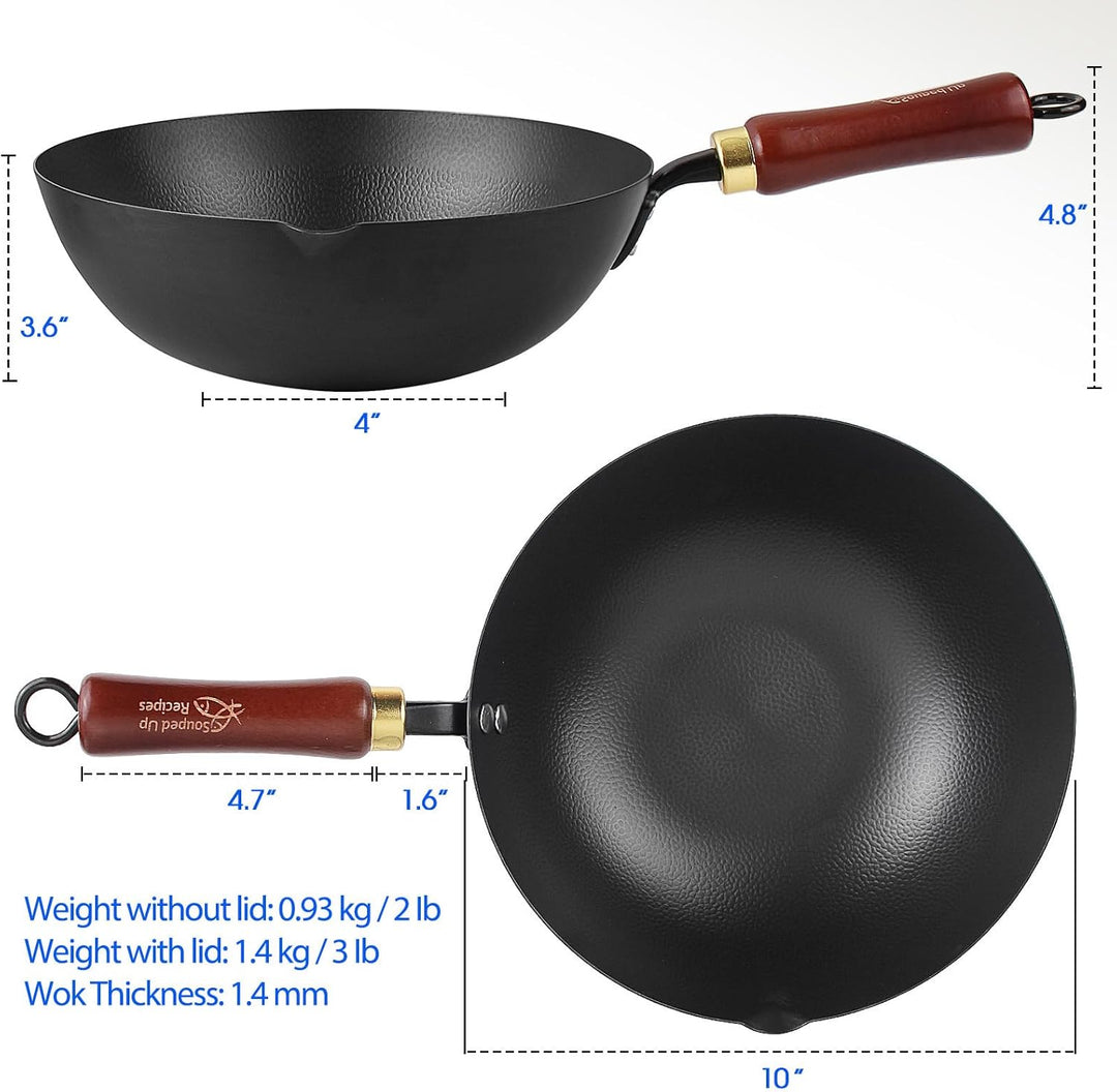 Souped Up Recipes 25,4 cm Wok aus Karbonstahl für Elektro-, Induktions- und Gasherde (Deckel und Ben