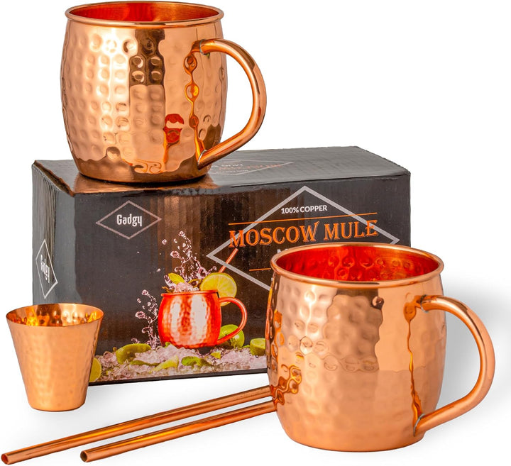 Gadgy Moscow Mule Becher Set aus Kupfer – 2 Handgefertigte Kupferbecher + 2 Strohhalme + Barmass – C
