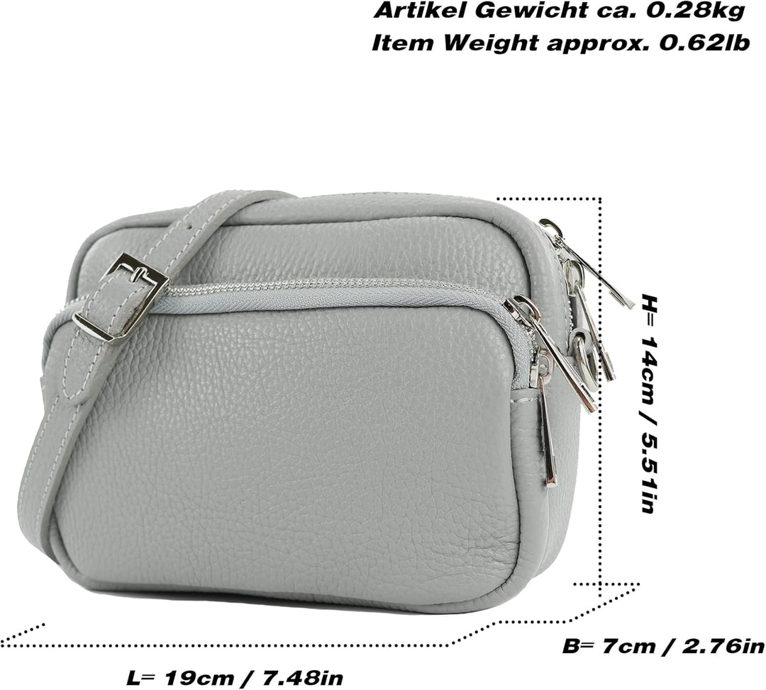 modamoda de - T231 - ital. Umhängetasche Klein Small aus Leder Silber-metallic, Silber-metallic