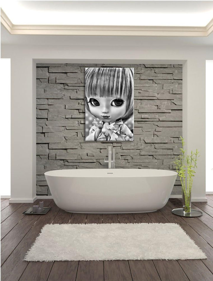 Pixxprint Monocrome, kleine Puppe im traditionellen Kimono, Format: 100x70 auf Leinwand, 100x70