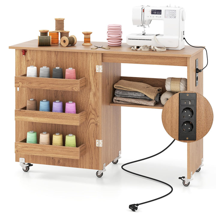 COSTWAY 2 in 1 Nähtisch klappbar mit Ladestation, Nähmaschinenschrank aus Holz mit Regalen, Nähschra