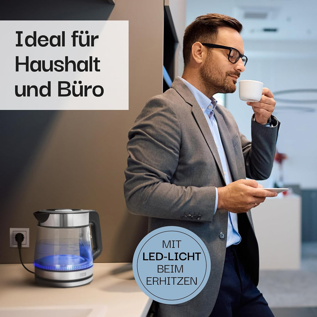 LEBENLANG Glas Wasserkocher klein - 1,2 Liter mit LED Beleuchtung I Edelstahl Design BPA-Frei Wasser