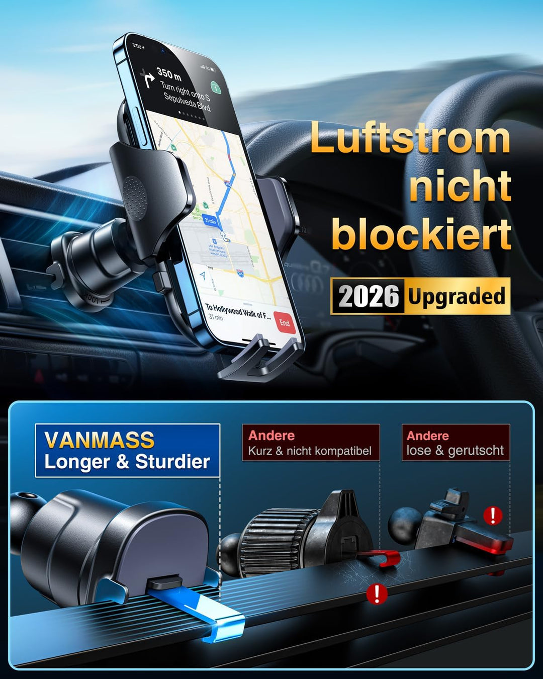 VANMASS [2023 Patent Pro] Universal Handyhalterung Auto [Upgrade SGS-Militärstandard Stossfest] 360°