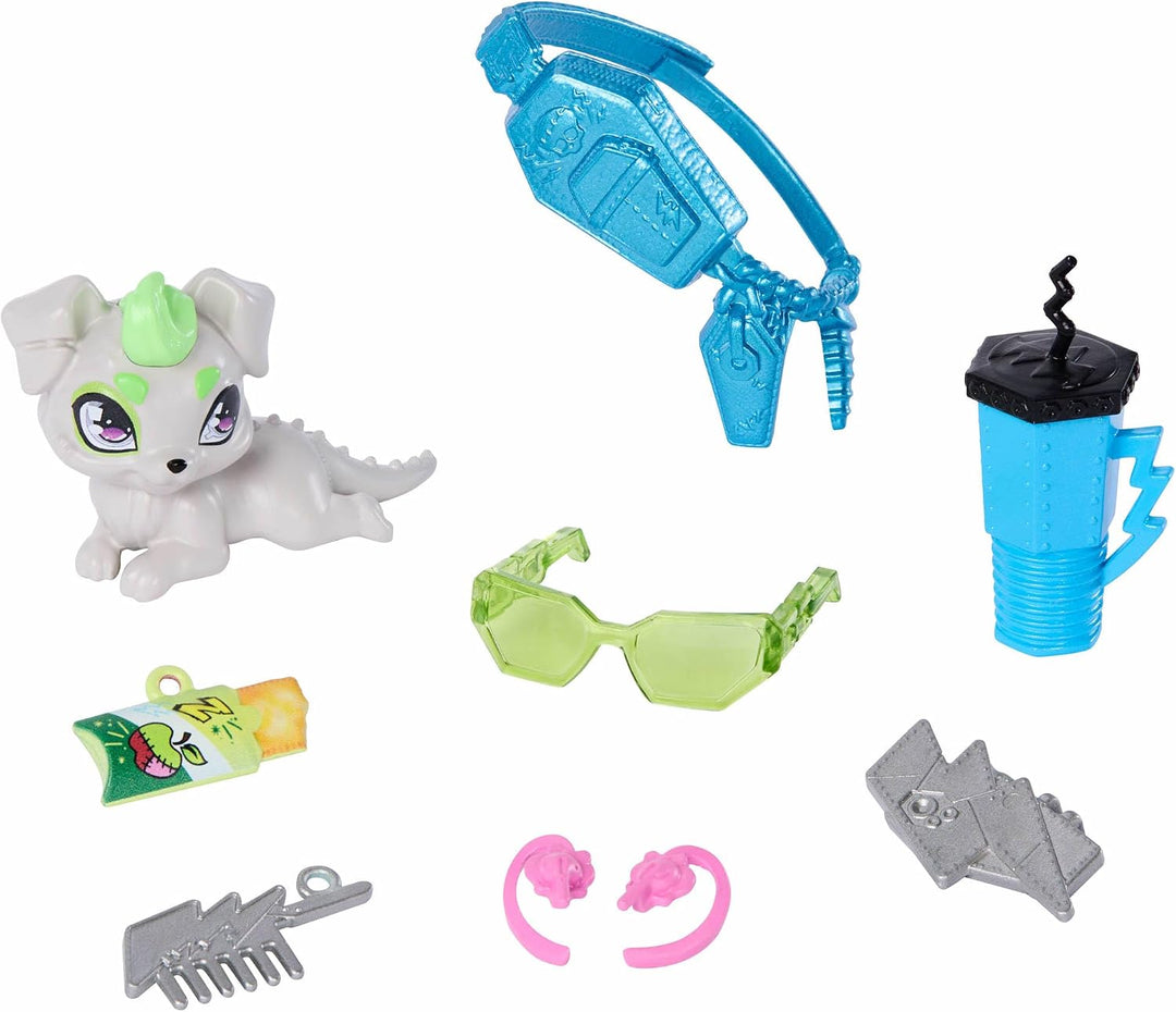 Monster High-Puppe, Frankie Stein in bauchfreiem Pullover und schwarzem Lederrock mit Hund Watzie un