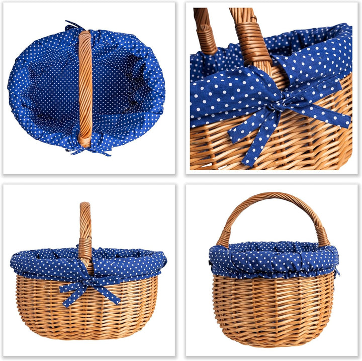 Creative Home Grosser Picknickkorb mit Stoffeinlage blau mit Pünktchen | Weidenkorb mit Henkel | Ein
