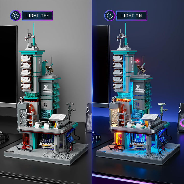 Lumibricks Neon Tech Station Beleuchtetes Klemmbaustein-Set, 1282 Teile Cyberpunk Hochhaus mit LED-L