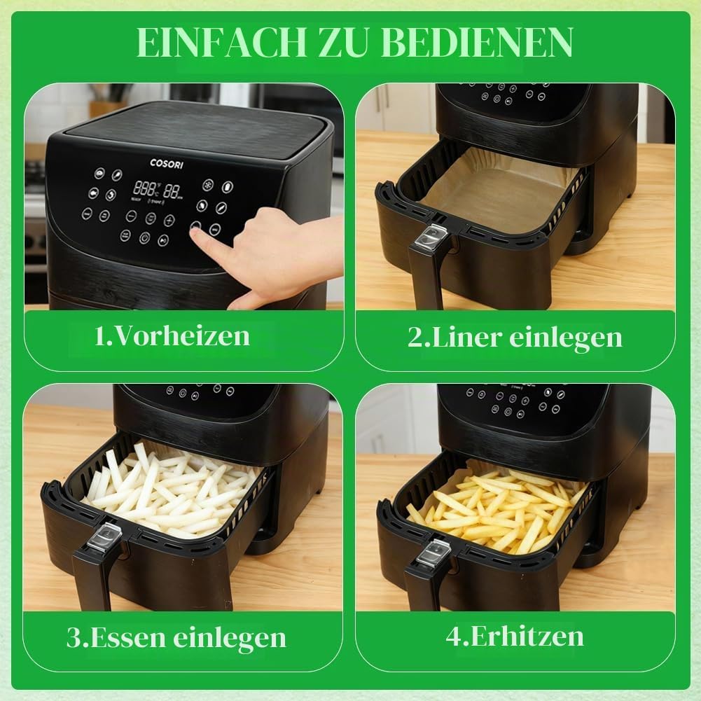 BYKITCHEN 100 Stück Airfryer Backpapier für Philips 6.2L/COSORI 5.5L,6L,6.2L, 20cm-24cm, Heissluftfr