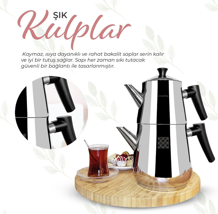Serenk Edelstahl-Teekannen-Set, 1L &amp; 2L, Doppelstöckig, Induktionsgeeignet, Schwarzer Griff Silber/S