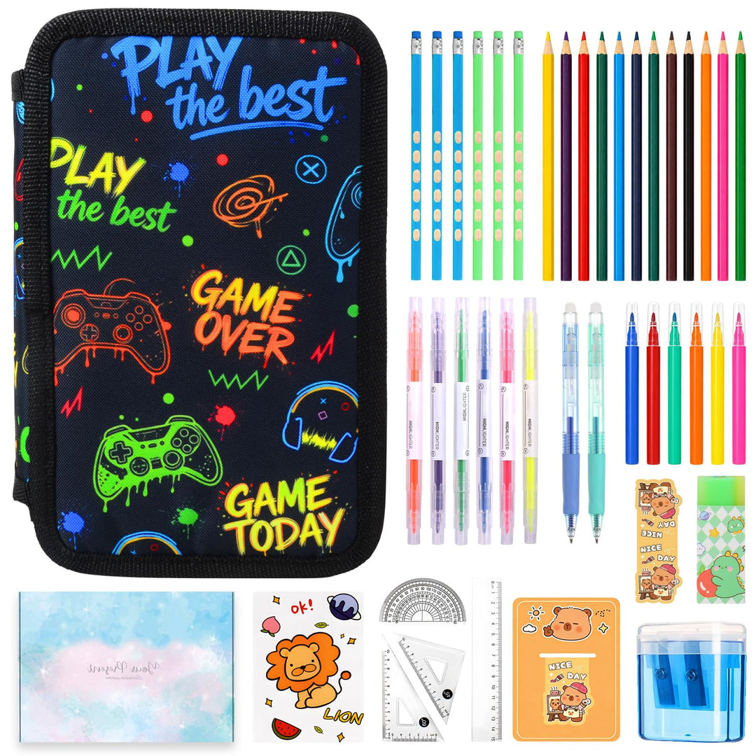 Federmäppchen Jungen 41 Teilig, 3 Fach Gaming Federtasche | Stiften, Textmarker, Radierer, Lineal Se